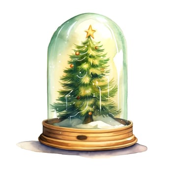 Watercolor Christmas Glass Cloche. Christmas SnowGlobe Clipart, Cozy Winter Clipart. AI Generated.