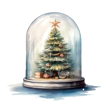 Watercolor Christmas Glass Cloche. Christmas SnowGlobe Clipart, Cozy Winter Clipart. AI Generated.