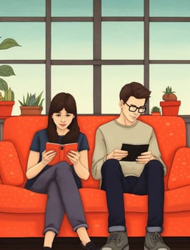 Woman illustration man couch male relationship happy female sitting family together indoor sofa couple young home lifestyle technology person cartoon