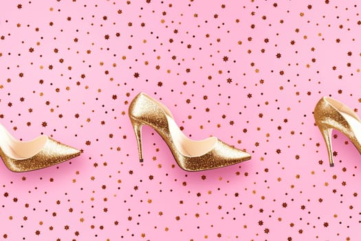 Pink seamless pattern with glitter and women high heels. Applicable for fabric print, textile, wrapping paper, wallpaper. Trendy background with woman's accessories. Repeatable texture. Generative AI