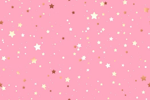 Pink seamless pattern with stars and confetti. Applicable for fabric print, textile, wrapping paper, wallpaper. Pink background with shiny golden particles. Repeatable texture. Generative AI