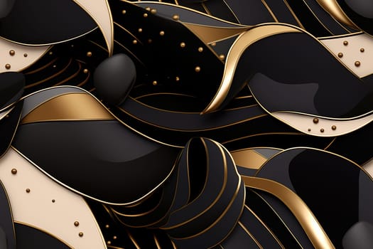 Black seamless pattern with abstract waves. Applicable for fabric print, textile, wrapping paper, wallpaper. Dark background with golden splines. Repeatable texture. Generative AI