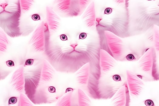 Pink seamless pattern with fluffy kitties. Applicable for fabric print, textile, wrapping paper, wallpaper. Cute background with cats. Girls style. Repeatable texture. Generative AI