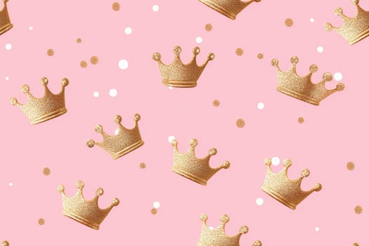 Pink seamless pattern with glitter and golden crowns. Applicable for fabric print, textile, wrapping paper, wallpaper. Trendy background, girls, fashion. Repeatable texture. Generative AI