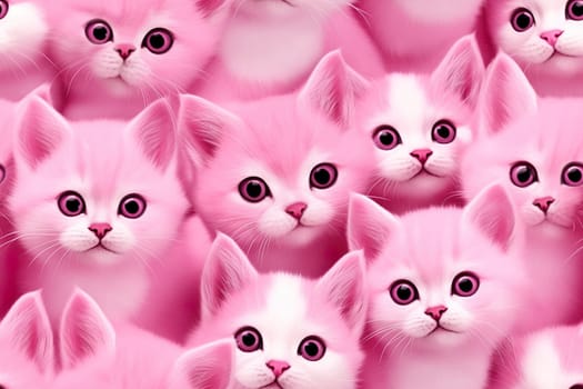 Pink seamless pattern with fluffy kitties. Applicable for fabric print, textile, wrapping paper, wallpaper. Cute background with cats. Girls style. Repeatable texture. Generative AI