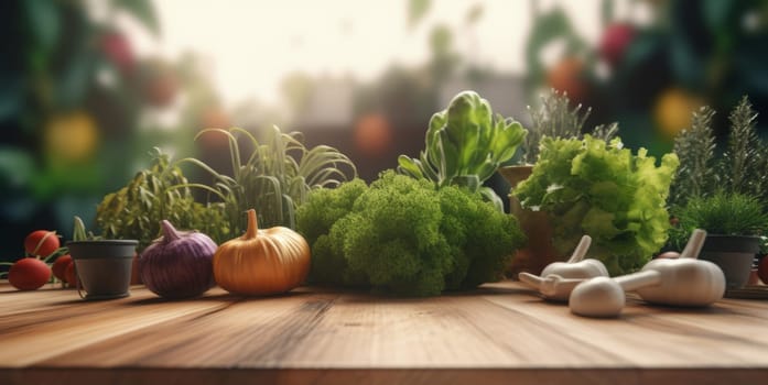 Fresh organic vegetables lie on wood table in the garden.