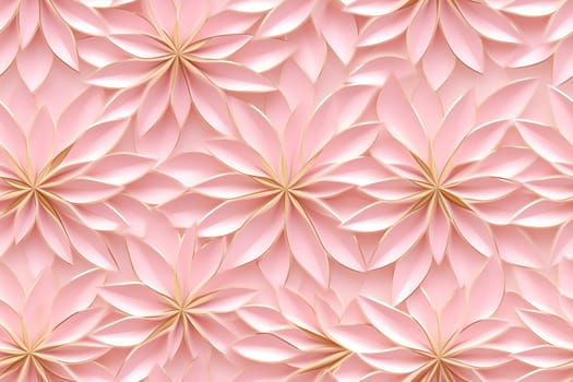 Seamless pattern with abstract golden flowers. Applicable for fabric print, textile, wrapping paper, wallpaper. Pink background with shiny elements. Repeatable texture. Generative AI