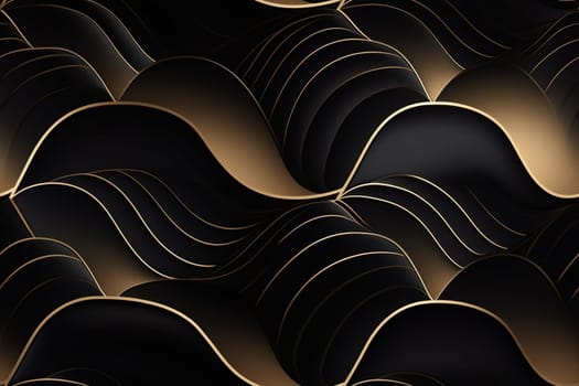 Black seamless pattern with abstract waves. Applicable for fabric print, textile, wrapping paper, wallpaper. Dark background with golden splines. Repeatable texture. Generative AI
