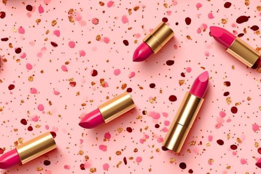 Pink seamless pattern with glitter and women lipsticks. Applicable for fabric print, textile, wrapping paper, wallpaper. Trendy background with woman's cosmetic. Repeatable texture. Generative AI