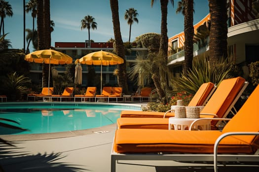 Orange sun loungers by the pool on site. Sunny summer travel vacation.