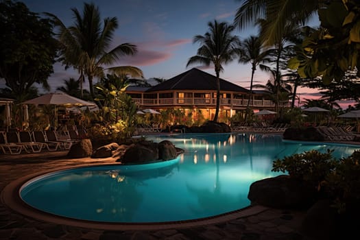 Luxury hotel with swimming pool, palm trees and flowers at sunset. Illuminated swimming pool. Luxury travel vacation.