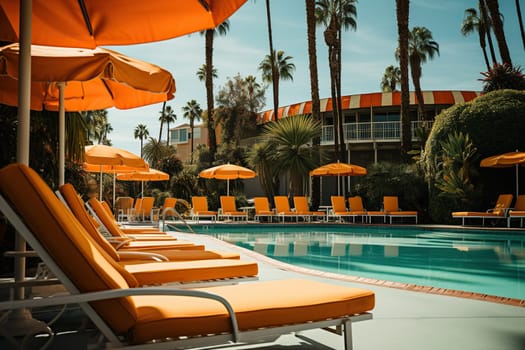 Orange sun loungers by the pool on site. Sunny summer travel vacation.