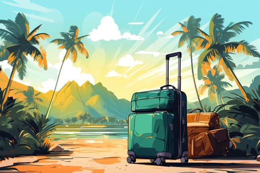 Suitcases stand under palm trees on the ground against the backdrop of mountains. Drawing. Travel concept.