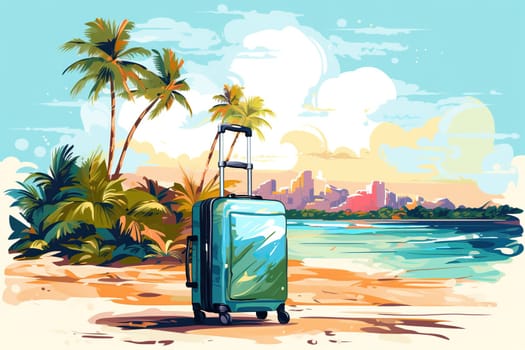 Suitcases stand under palm trees on the ground against the sea. Drawing. Travel concept.