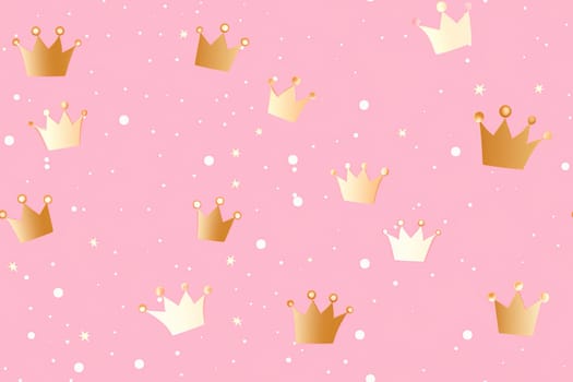 Pink seamless pattern with glitter and golden crowns. Applicable for fabric print, textile, wrapping paper, wallpaper. Trendy background, girls, fashion. Repeatable texture. Generative AI