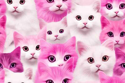 Pink and white seamless pattern with fluffy kitties. Applicable for fabric print, textile, wrapping paper, wallpaper. Cute background with cats. Girls style. Repeatable texture. Generative AI