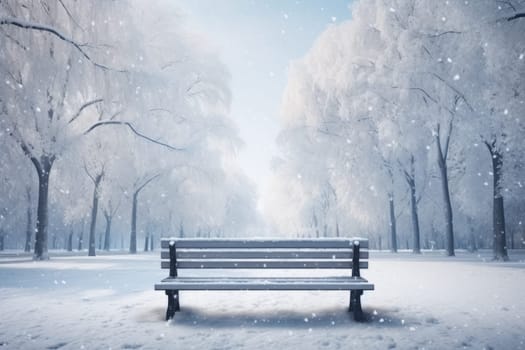 bench in the park at winter season. Generative AI.