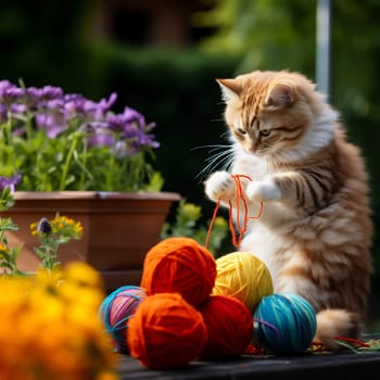 Cute red kitten playing with assorted balls of knitting thread. Small baby cat in summer blooming garden