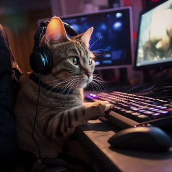 Cute tabby cat is enjoying gaming session on computer. The cat is wearing black headphones and looking at the screen with curiosity. The desk has a keyboard, mouse, and other technology equipment