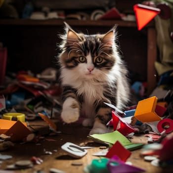 Cute kitten playing in the room is a mess of toys