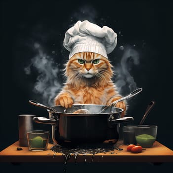 Red cat wearing chef hat and cooking in kitchen with various pots and pans. Puss holding utensils in its paws over black background with water vapor