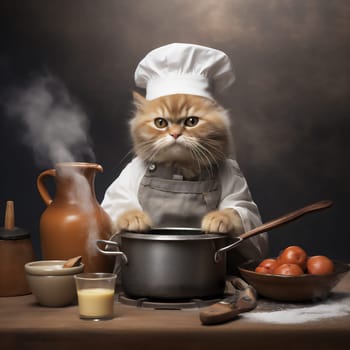 Red cat wearing chef hat and cooking in kitchen with various pots and pans. Puss holding utensils in its paws