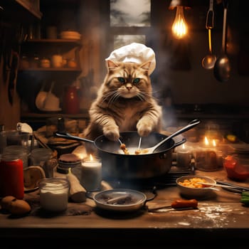 Red cat wearing chef hat and cooking in kitchen with various pots and pans. Puss holding utensils in its paws