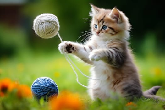 Cute kitten playing with blue ball of knitting thread. Small baby cat in summer blooming garden