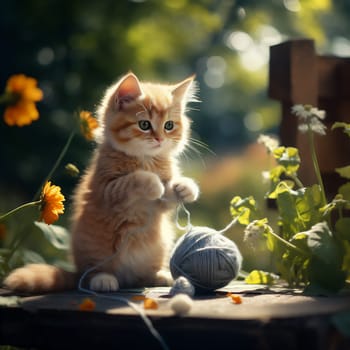 Cute kitten playing with blue ball of knitting thread. Small baby cat in a summer blooming garden