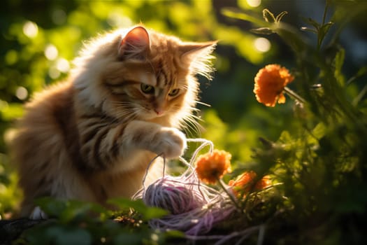 Cute kitten playing with blue ball of knitting thread. Small baby cat in summer blooming garden