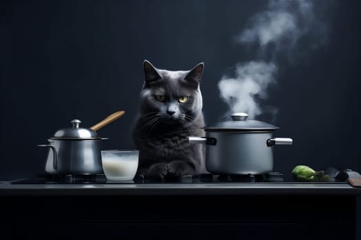 Black cat cooking in kitchen with various pots and pans over black background with water vapor