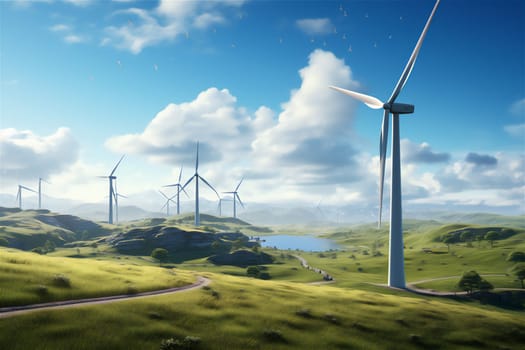 Panoramic view of wind farm or wind park, with high wind turbines for generation electricity with copy space. Green energy concept.