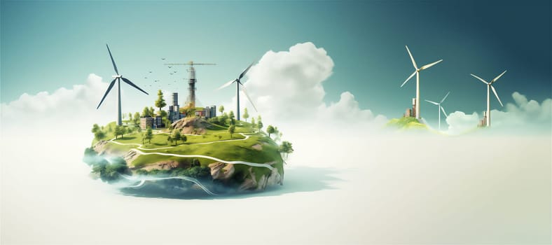 Abstract flying island in the cloudy sky with wind turbines and building under construction. Green energy concept banner with copy space