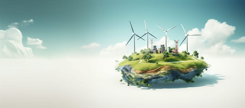 Banner with abstract flying island with wind turbines and building under construction. Green energy concept with copy space