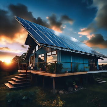 Solar panels on roof of the house renevable energy green power photovoltaic with sunlight at sunset