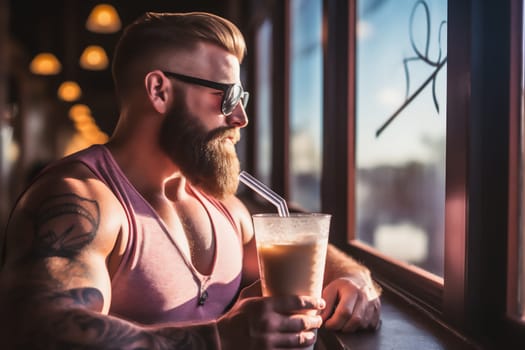 Young fit man with beard in sportswear is drinking strawberry protein shake from shaker after workout in fitness center sitting by the window