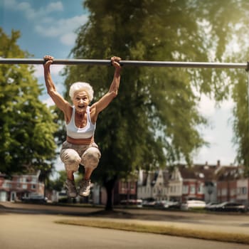 Happy old woman doing pull-ups on horizontal bar outdoors. Fit female practicing strength training. Fitness, sports concept.