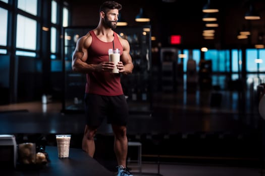 Young fit man with beard in sportswear is drinking protein shake from shaker after workout standing in fitness center