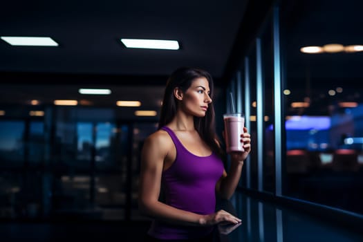 Young fit woman in purple sport top drinking protein shake after workout in fitness center and looking out the window