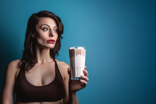 Young fit woman in pink sport top is drinking protein shake after workout over blue background with copy space