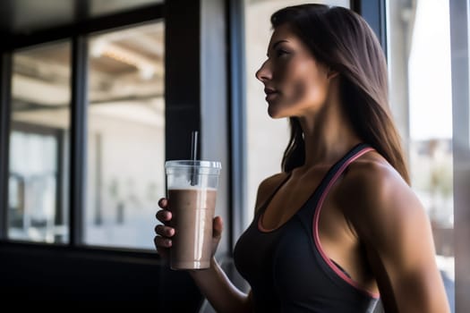 Young fit woman in sport top is drinking chocolate protein shake after workout in fitness center