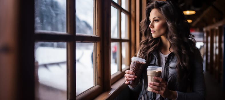 Banner with young fit woman in drinking chocolate protein shake from glass in fitness center and looking out the window at the winter landscape with snow