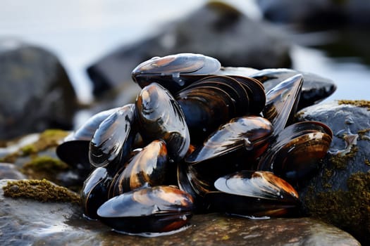 Close up of large black mussel shells visible at low tide in the sea.