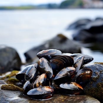 Mussels growing on beach rock on the sea shore.