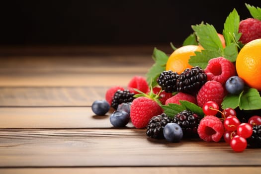 A bunch of summer berries on a wooden table close-up. Strawberry, raspberries, blackberries.