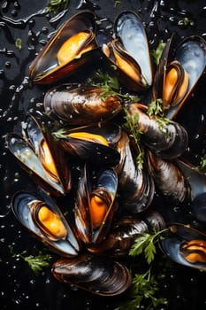 Food background with texture of cooked mussels. Healthy food concept