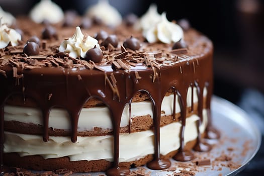 Chocolate cake decorated with cream and chocolates on a plate. Concept for sweet treats, desserts.
