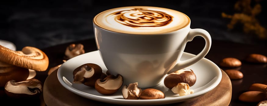 Banner with mushroom cappuccino in white cup on wooden board. New Superfood trendy healthy coffee concept with copy space, selective focus.