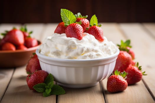 Delicious strawberries with whipped cream on a wooden table, close-up.