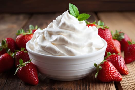 Delicious strawberries with whipped cream on a wooden table, close-up.